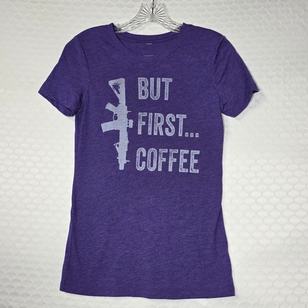 Black Rifle Coffee Company Womens Purple But First Coffee Graphic T-Shirt Medium